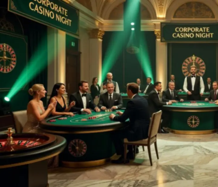 Elegancko zaaranżowana sala eventowa z profesjonalnymi stołami do pokera, ruletki i blackjacka oraz kolorowym oświetleniem