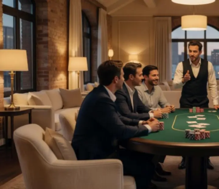 Goście przy mobilnym stole pokerowym podczas eleganckiego wieczoru integracyjnego