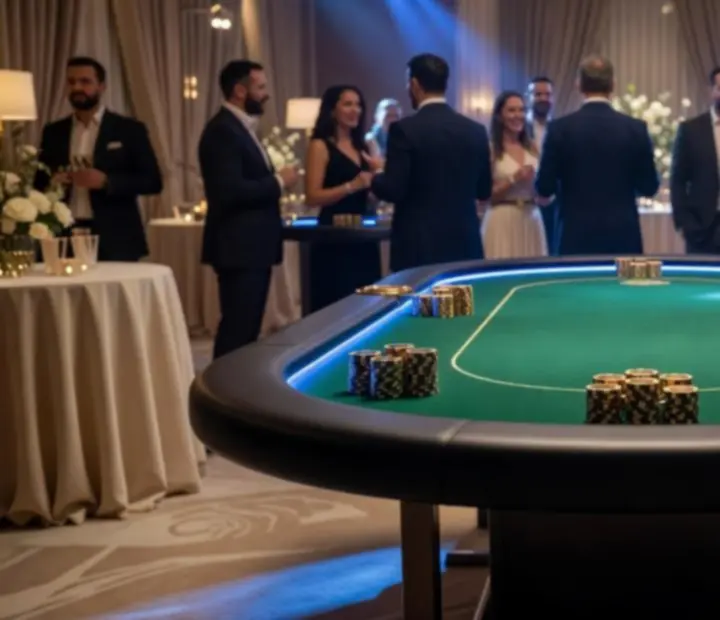 Mobilny wieczór pokerowy z eleganckimi stołami i graczami